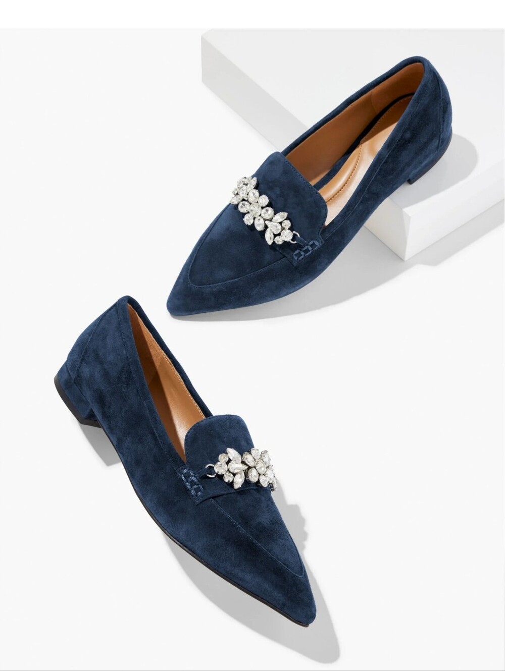 Talbots Navy Suede Pointed Toe Flats with Crystal Floral Accent